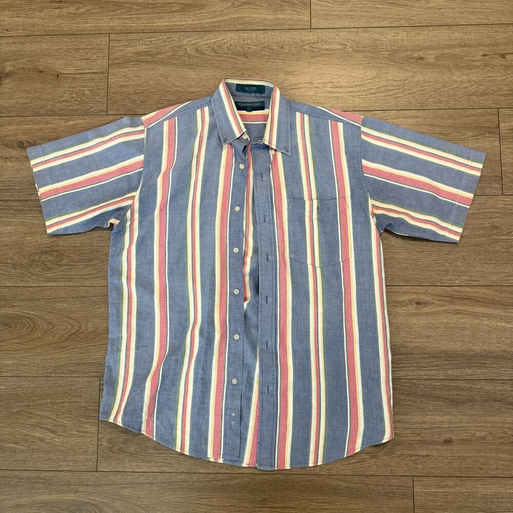 Claybrooke Men's Short Sleeve Button Down Shirt Blue Red Yellow Striped